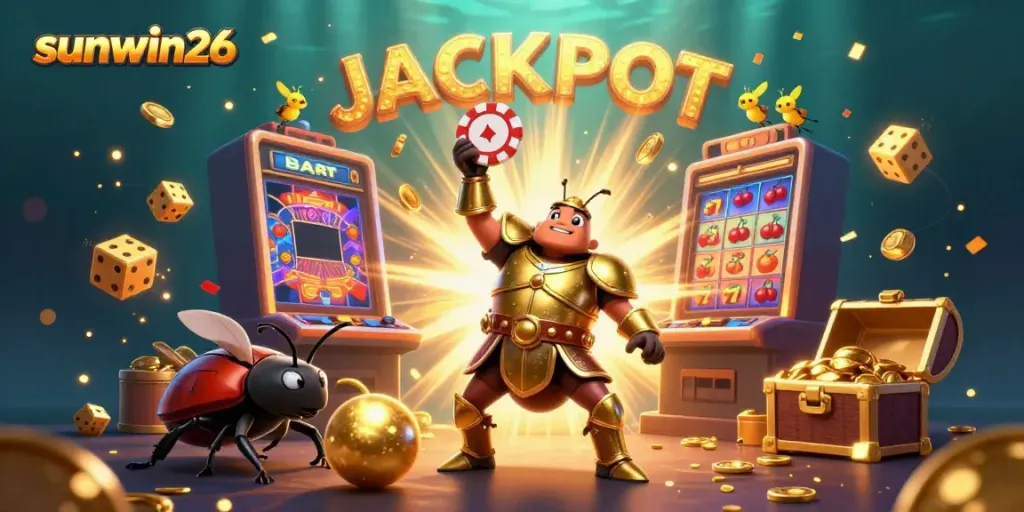 Experience big wins with sunwin26 in this vibrant 3D casino scene featuring animated characters celebrating a jackpot.