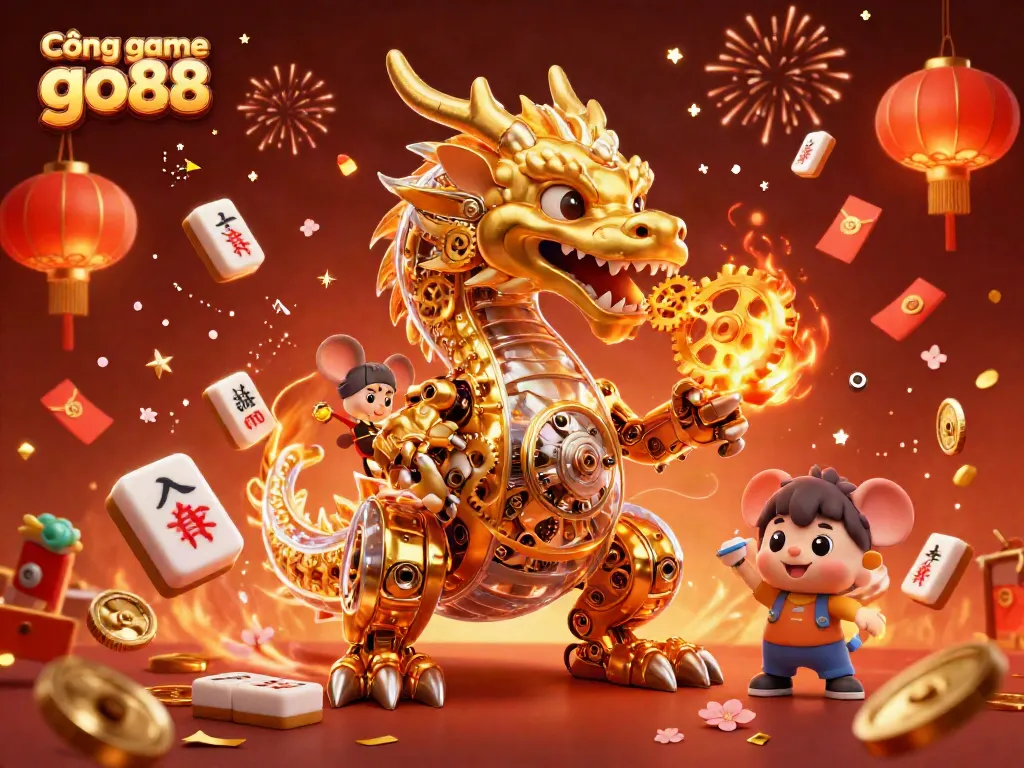Cổng game go88 showcases a fantastical 3D scene with a golden dragon and intricate game elements, immersing players in excitement.