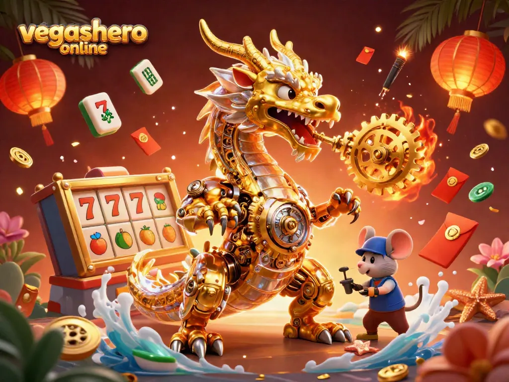 Experience thrilling moments at vegashero online with vibrant 3D casino gaming elements and golden dragon.