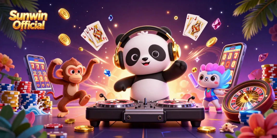 Experience gaming excitement at Sunwin Official with our vibrant 3D casino illustration showcasing a DJ panda and dynamic characters.