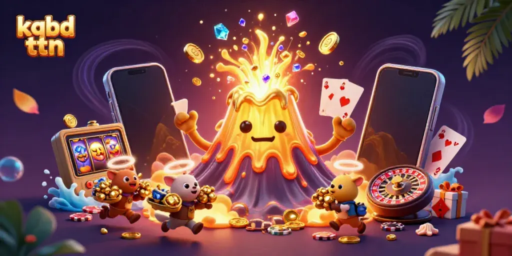 KQBD TT HN showcases an enchanting scene with a golden volcano erupting treasure, a vibrant slot game, and playful animals in an exciting casino atmosphere.