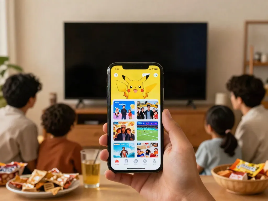 Pikachu app download apk new version uptodown displayed on a mobile device in a cozy living room, showcasing diverse content.