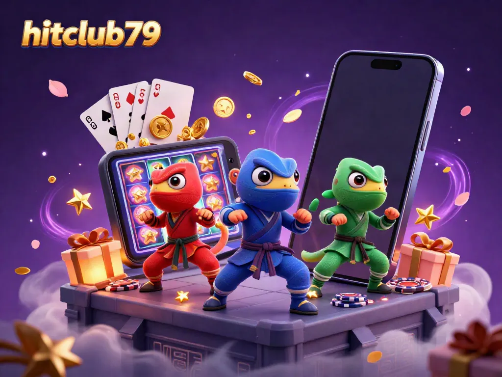 Experience thrilling gaming action with hitclub79's vibrant scene of ninja chameleons performing martial arts in a dynamic casino environment.