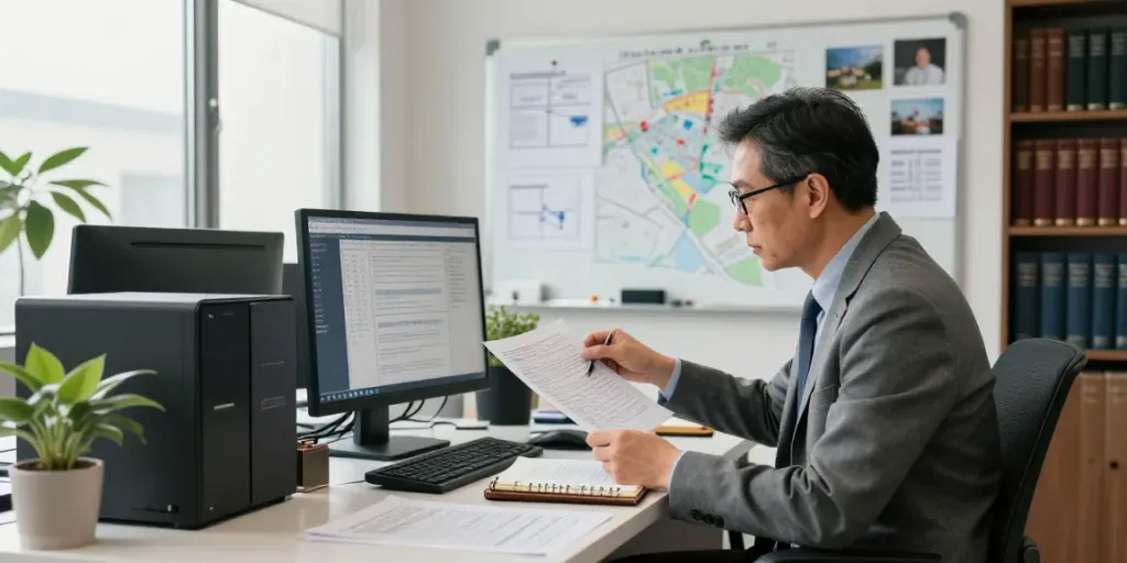 Detective agency workspace with investigator analyzing data at goodtam.com