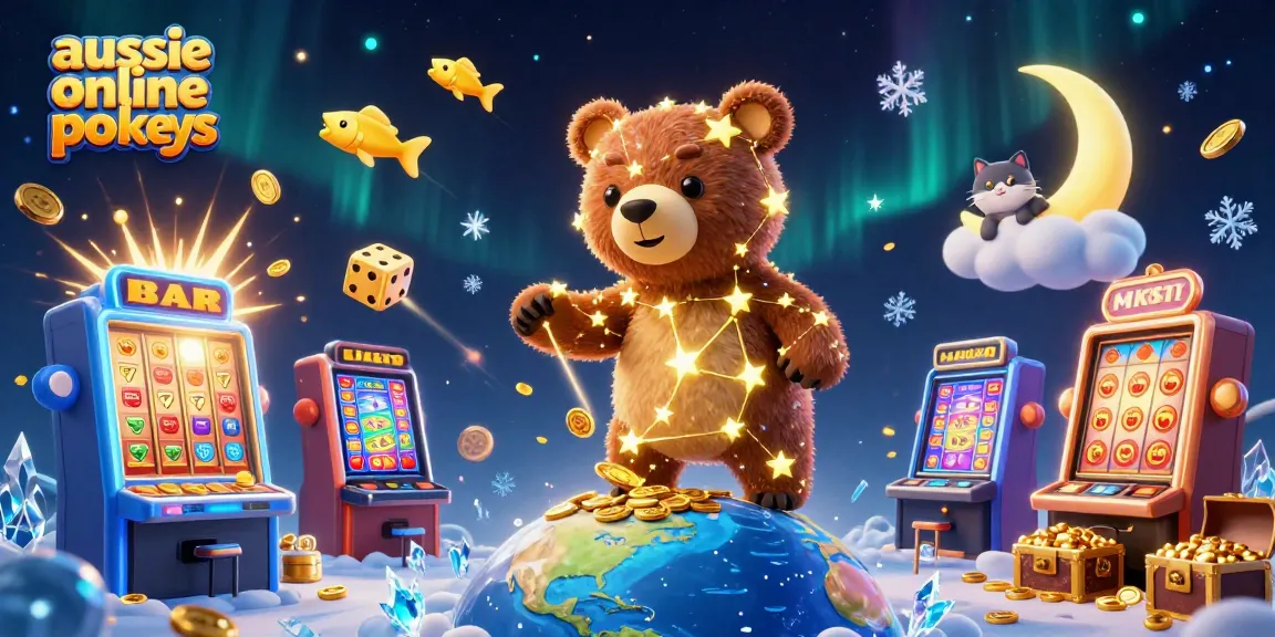 Aussie online pokies come to life in a vibrant 3D scene filled with coins, slot machines, and characters.