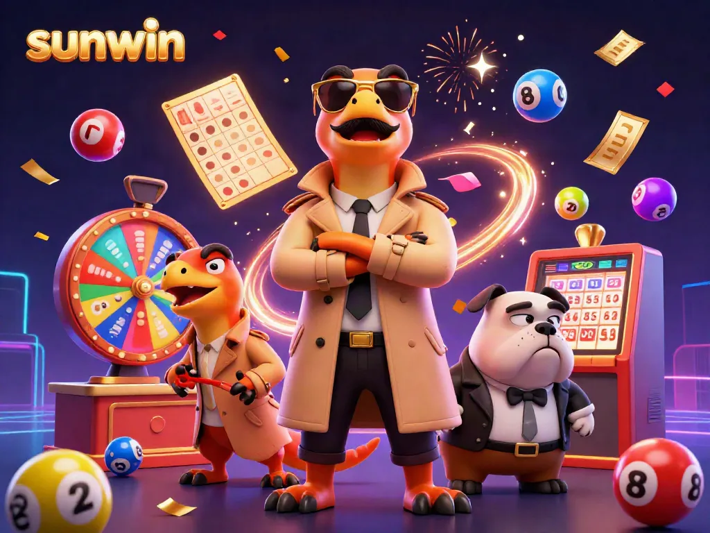 Exciting scene as three raptors in a trench coat attempt VIP entry at a sunwin casino, surrounded by colorful lottery elements and dynamic visuals.