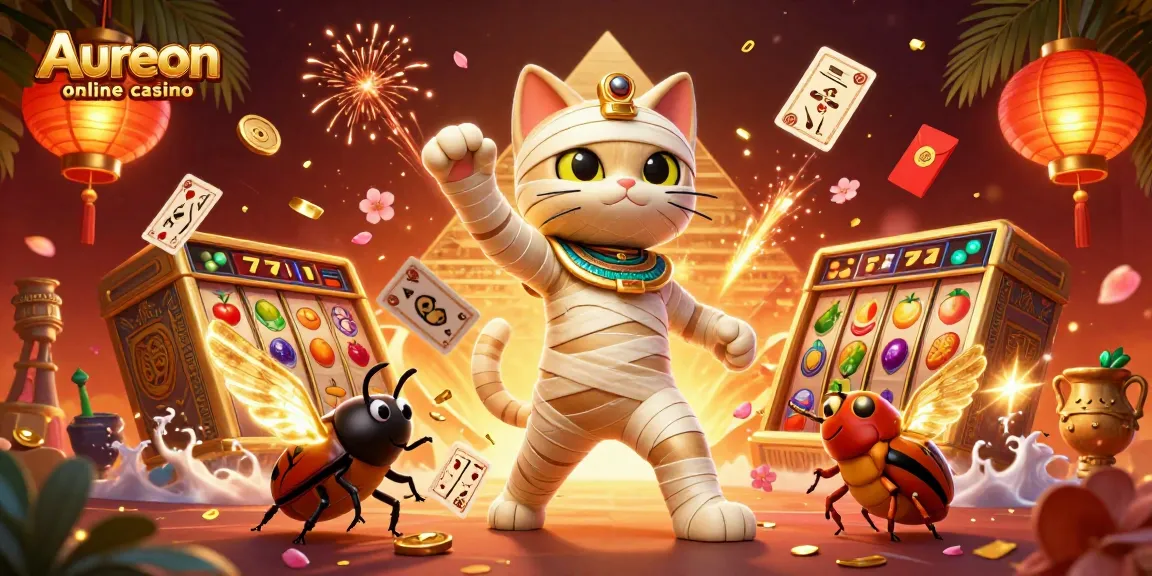 Aureon online casino showcases vibrant slots with an Egyptian theme and dynamic characters