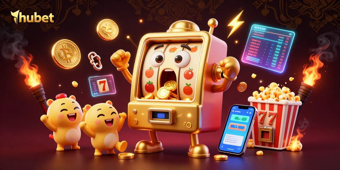 hubet slot machine celebrating a jackpot as golden coins spill out, surrounded by cheering baby slots and crypto elements.